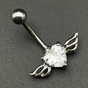 316L Stainless Steel with White Diamond Cubic Zirconia Winged Heart Belly Ring